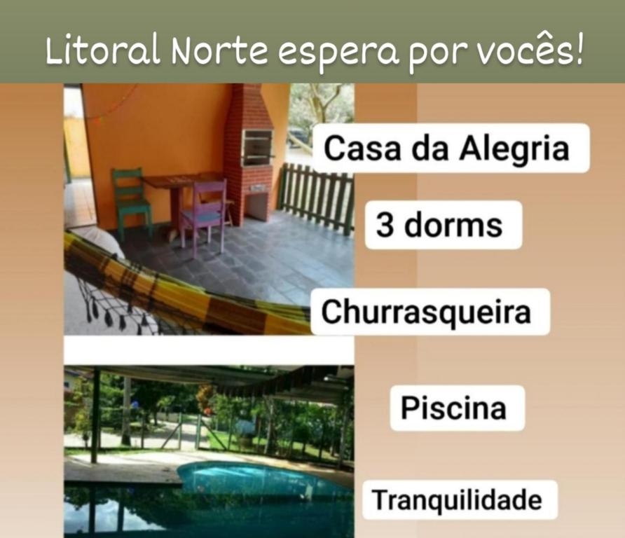 un collage de fotos de una casa con piscina en Alegria casa 3 dorms Cond Fechado churrasqueira piscina, en Boicucanga