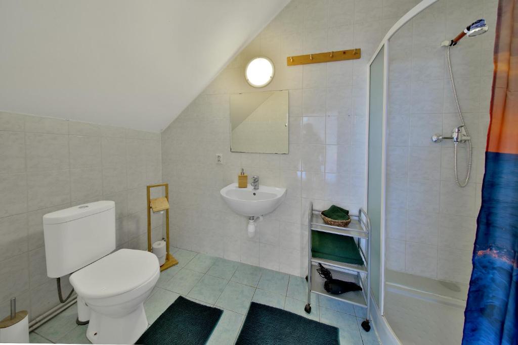 a bathroom with a toilet and a sink and a shower at Penzion Kairos in Klokočí