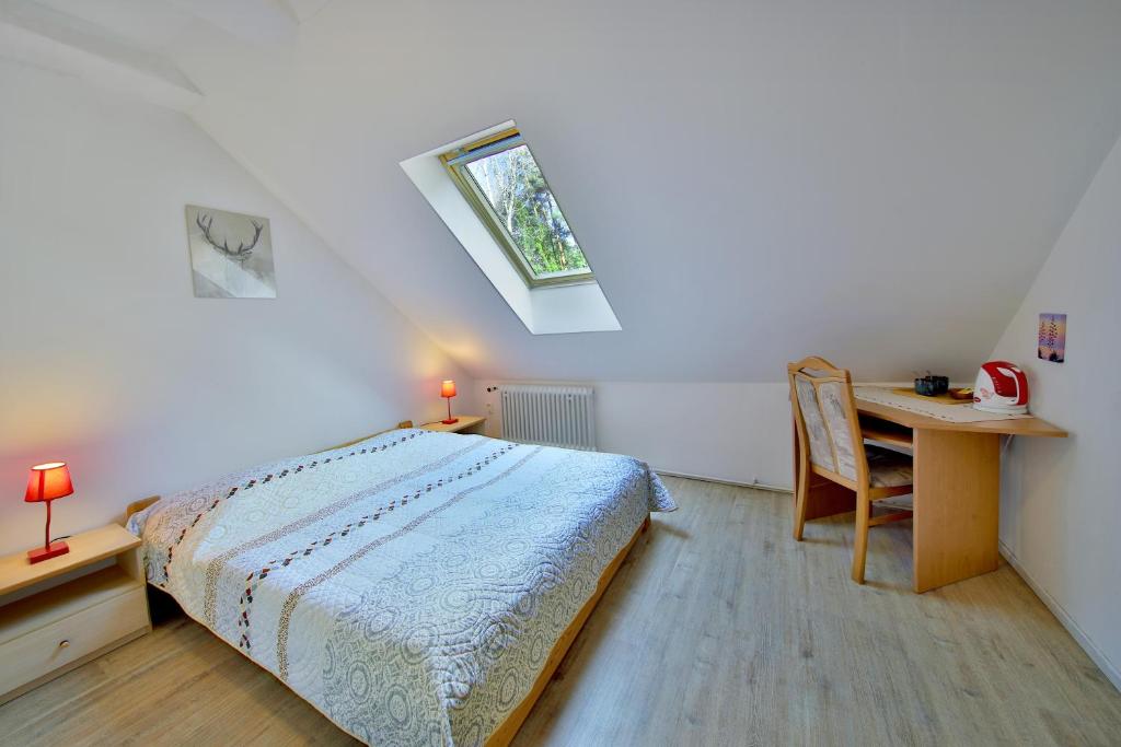 a bedroom with a bed and a table and a window at Penzion Kairos in Klokočí