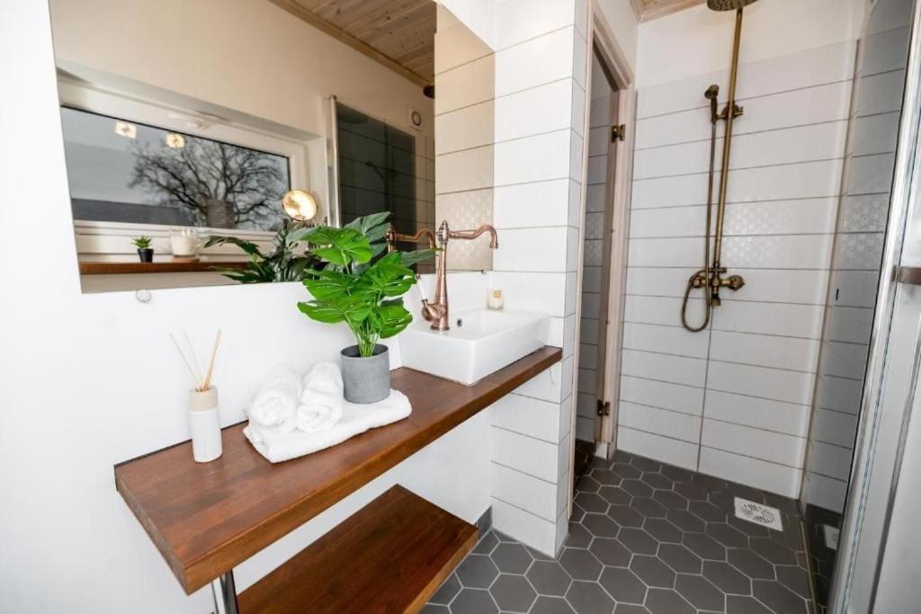 uma casa de banho com um lavatório e um espelho em Chill Inn with sauna em Pärnu