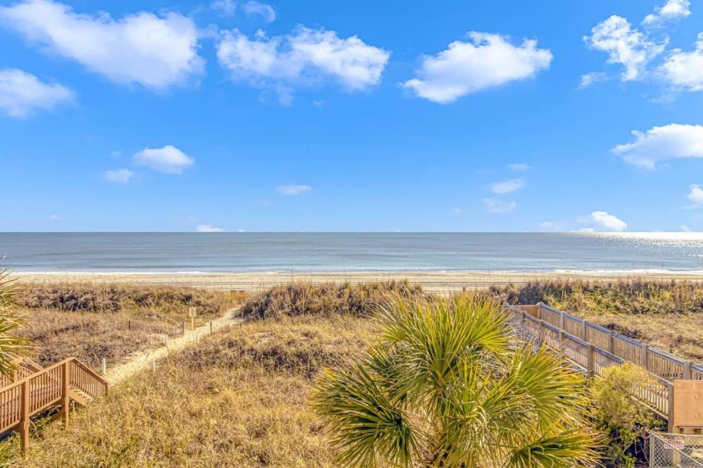 a view of the ocean from a beach with palm trees at Serenity By The Sea I Crescent Sands I Windy Hill I North Myrtle Beach in Myrtle Beach