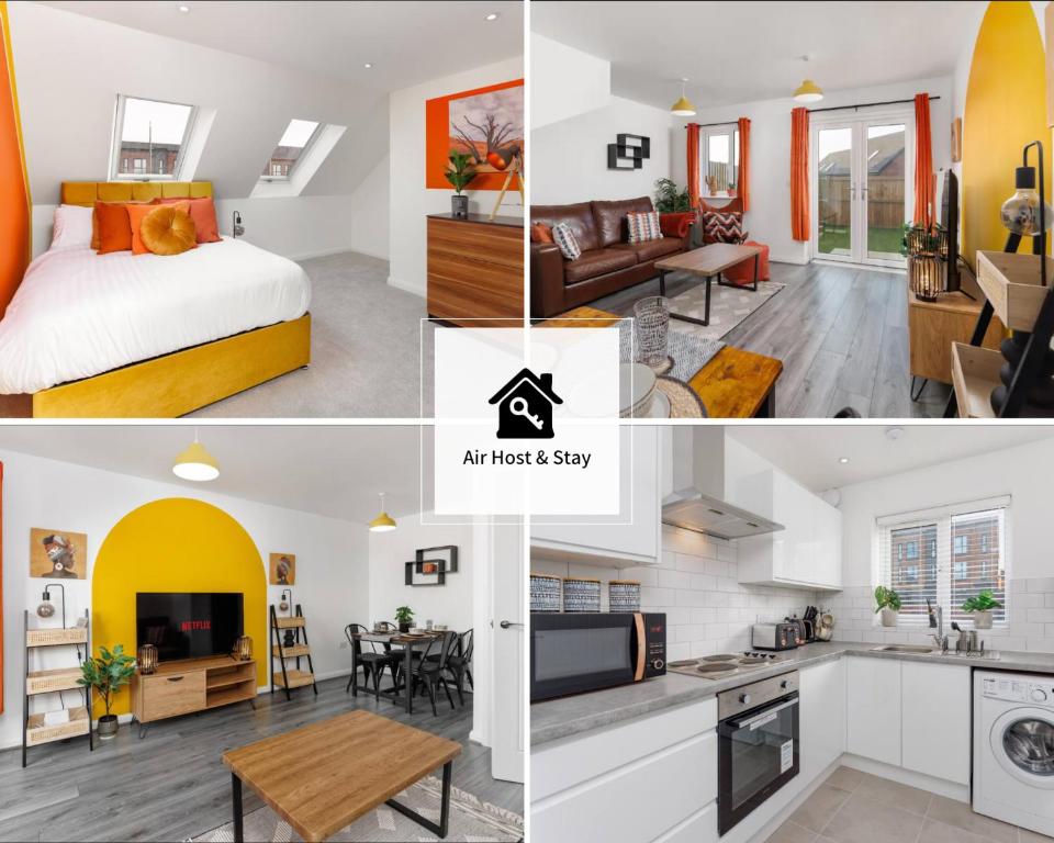 a collage of photos of a bedroom and a living room at Air Host and Stay - Brand new 3 bedroom house sleeps 8 minutes from LFC and city centre Ref25 in Liverpool