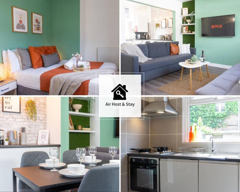 a collage of photos of a living room and kitchen at Air Host and Stay - Bevington house modern chic home sleeps 8 in Liverpool