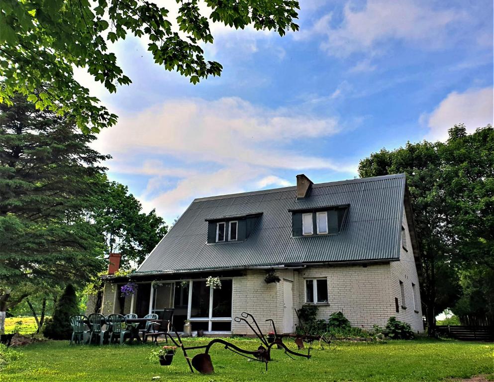 a white house with a gray roof on a yard at Zielona Samotnia in Czaplinek