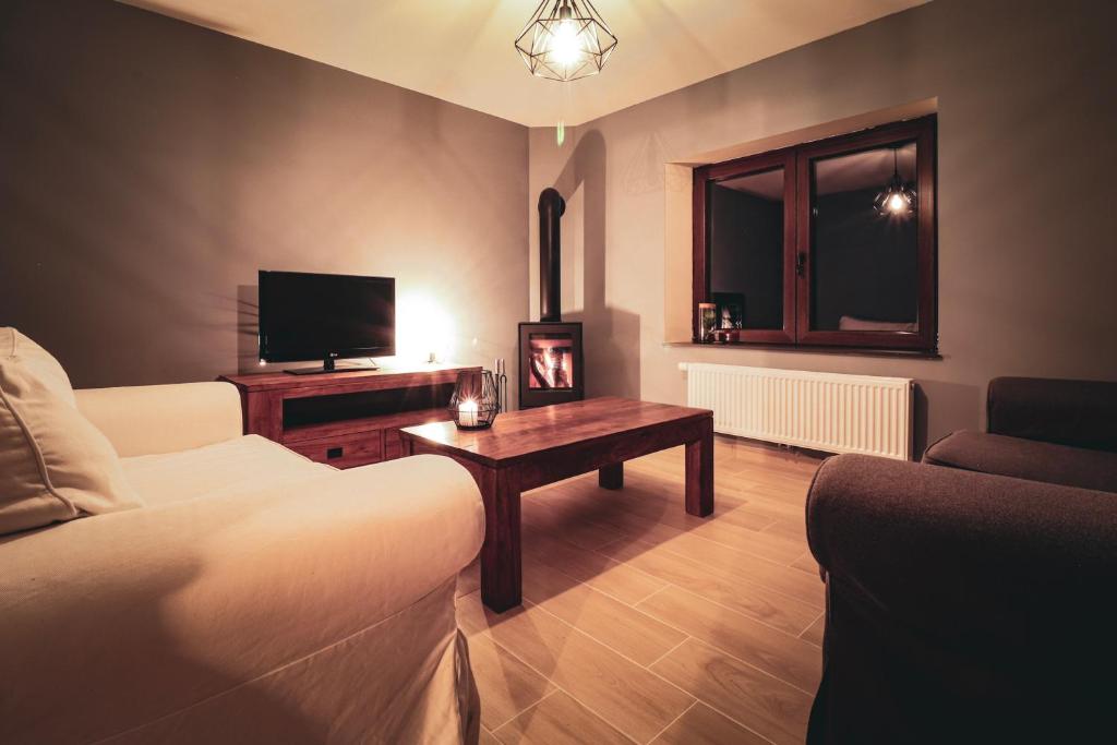 ein Wohnzimmer mit einem Sofa, einem TV und einem Tisch in der Unterkunft Nid'Ardennes in Bouillon