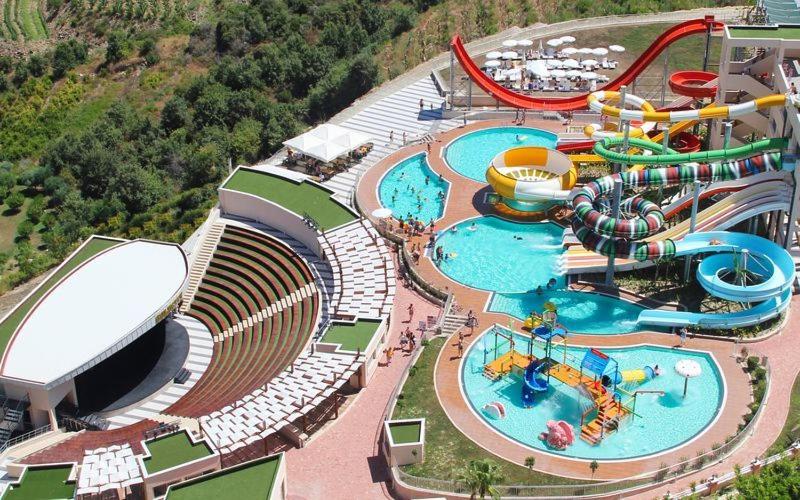 an aerial view of a water park with a water slide at Luxery suite GOLDCITY GOLD CITY Alanya in Alanya