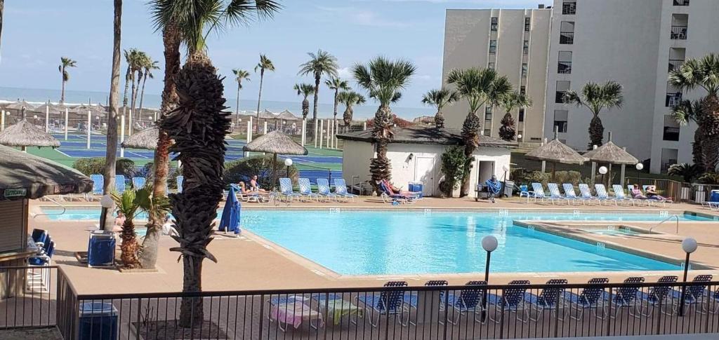 einen Pool in einem Resort mit Palmen und Stühlen in der Unterkunft Saida 3601 home in South Padre Island