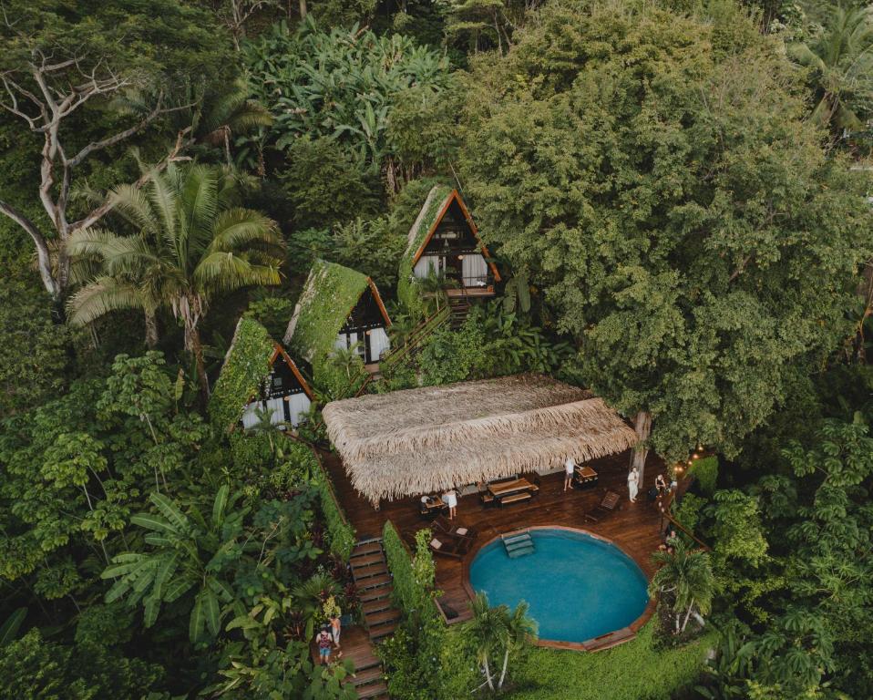 an aerial view of a house in the jungle with a swimming pool at Bohemia Experience in Santa Teresa Beach