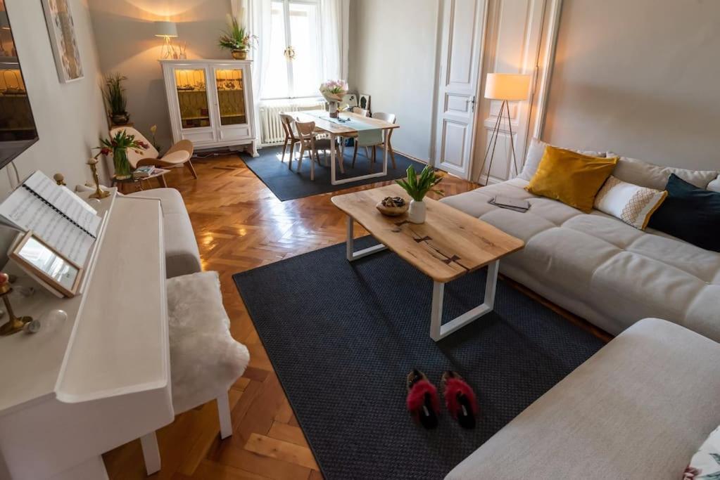 a living room with a couch and a table at No.8: Lovely & Cosy 3-room Heart of the City in Timişoara