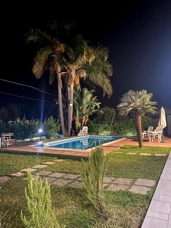 basen w nocy z palmami w obiekcie Casa vacanza le tre palme w mieście Floridia