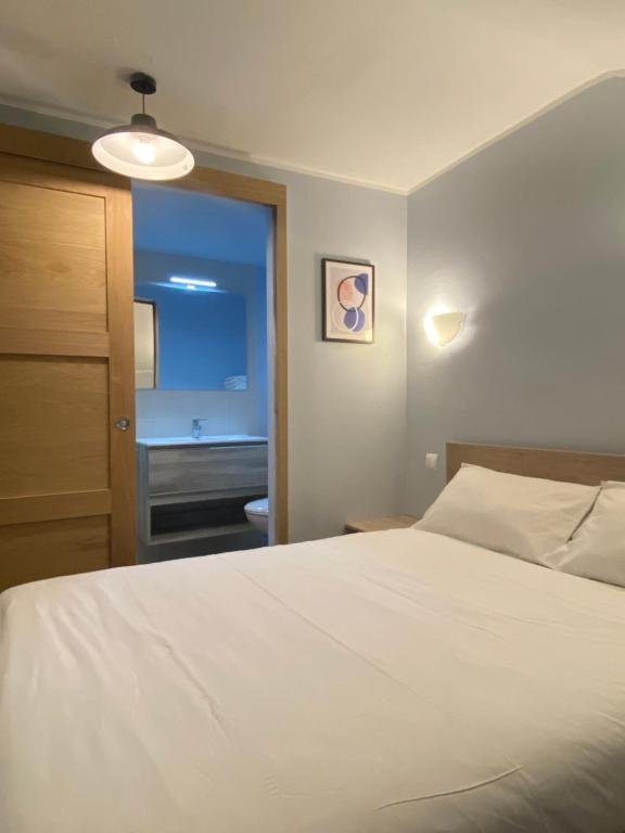 een slaapkamer met een wit bed en een badkamer bij Hôtel Broisin in Aix-les-Bains
