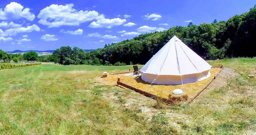 duży biały namiot siedzący na polu w obiekcie Glamping 4 Acres w mieście Fryšták