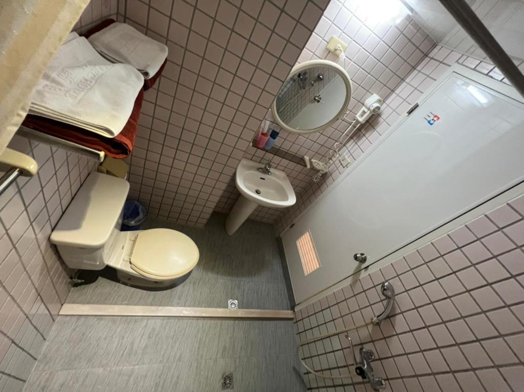 a small bathroom with a toilet and a sink at Boston Hotel in Chiayi City