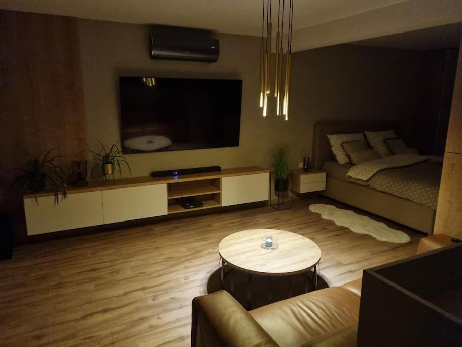 a living room with a couch and a large television at Krásný apartman s vybavením a bezplatným parkovanim in Banská Bystrica