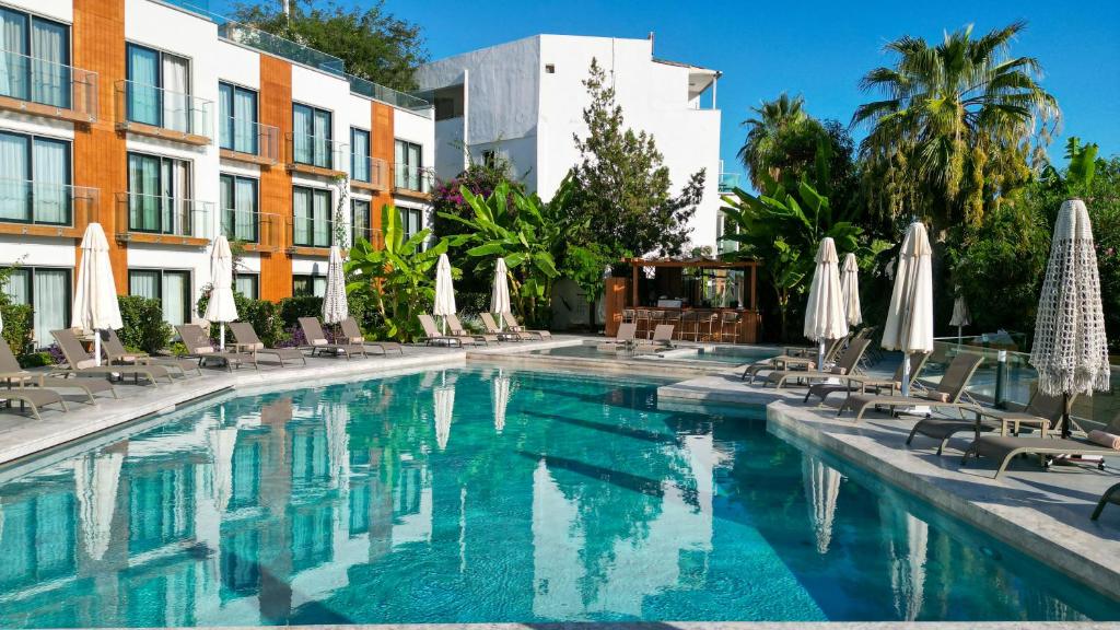una piscina en un hotel con sillas y sombrillas en Bodrum Astrid Hotel, en Gümüşlük