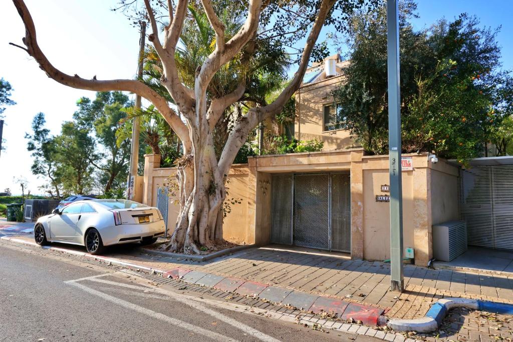 ein Auto, das neben einem Baum an der Straßenseite parkt in der Unterkunft Luxury villa with a heated pool, Jakuzi and a sea view 70m from the beach in Herzlia