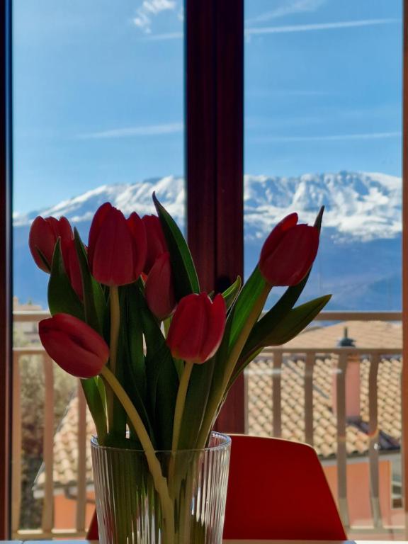 een vaas gevuld met rode tulpen voor een raam bij TraMonti Apartments in Poggio Picenze