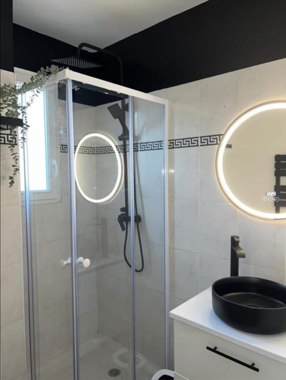 une salle de bain avec une douche en verre avec un lavabo dans l'établissement Appartement studio, à Nice