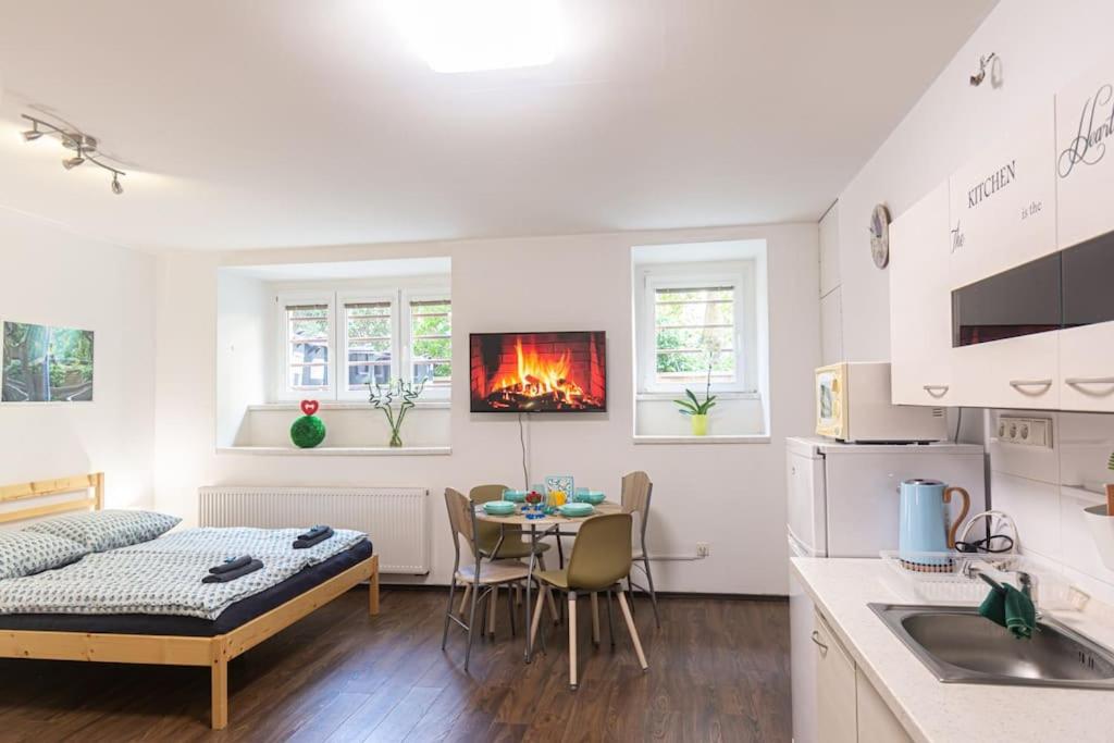 cocina y sala de estar con cama y mesa en Cozy basement flat, SkyShowtime, 3 minutes to center, en Praga