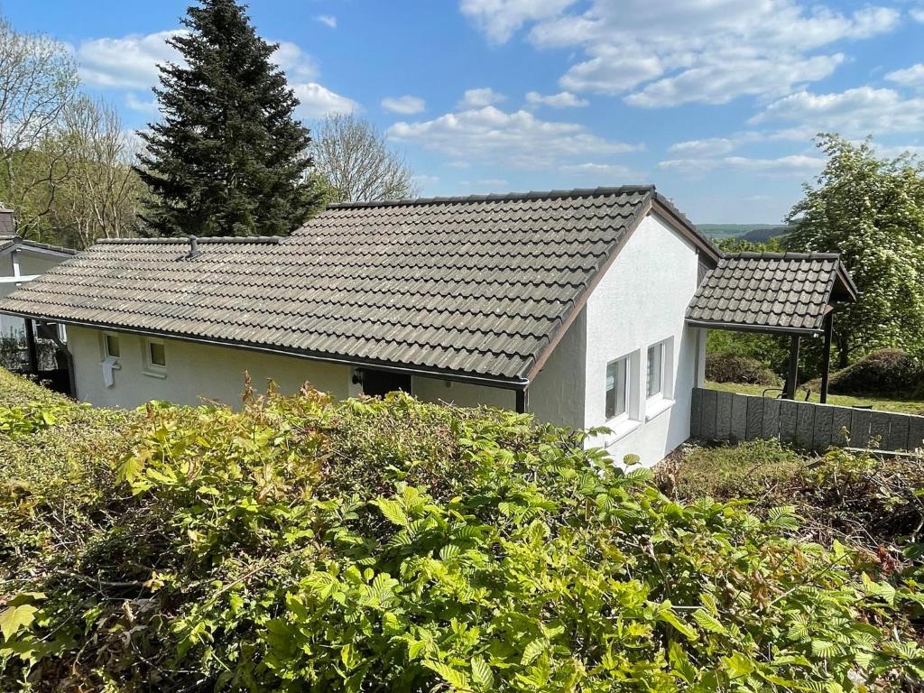 a white house with a black roof on a hill at Landhaus 906 in Biersdorf