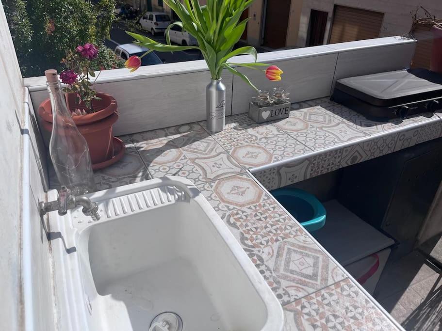 インペリアにあるLa casa del Soleの花と植物のあるパティオ(白いシンク付)