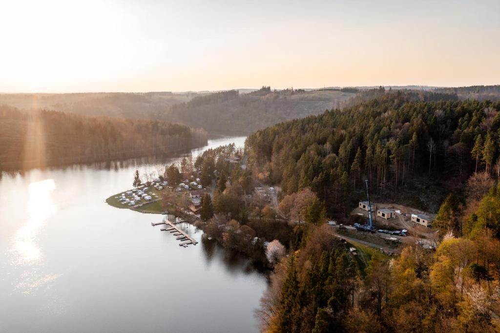 an aerial view of a river with trees and buildings at Seehäuser Dobra 