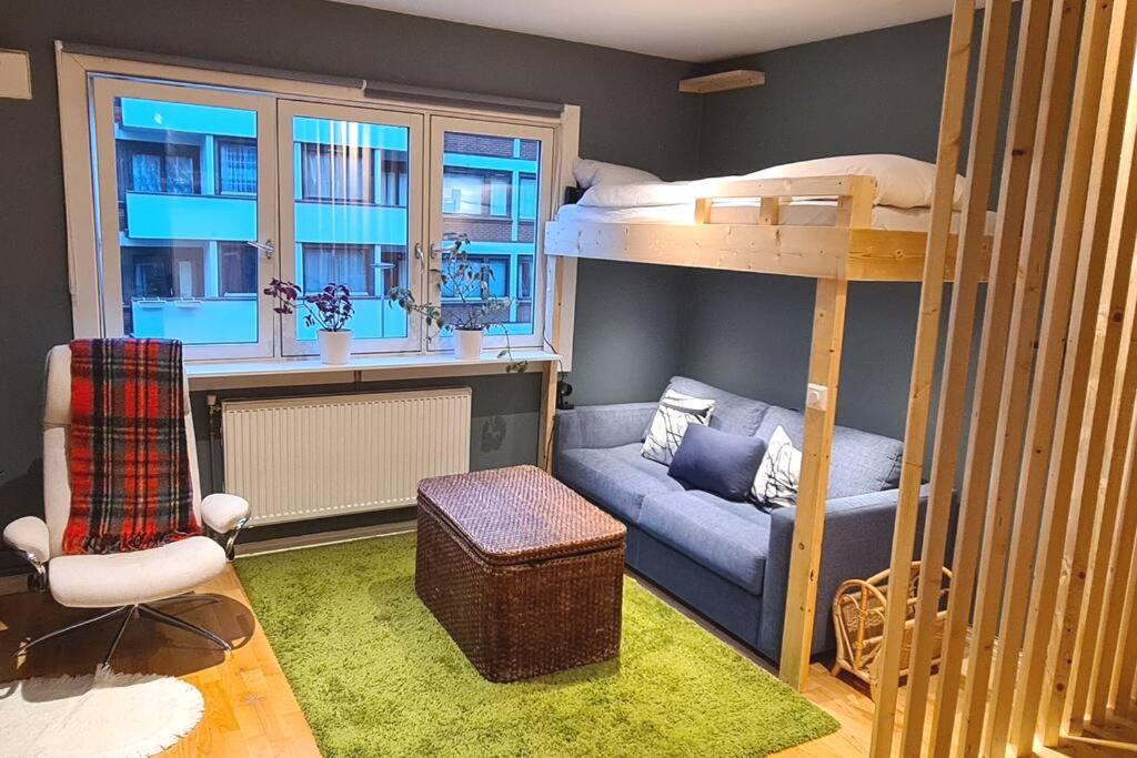 een kleine kamer met een stapelbed en een bank bij smart Studio Apartment 3 mins from Vigeland park in Oslo