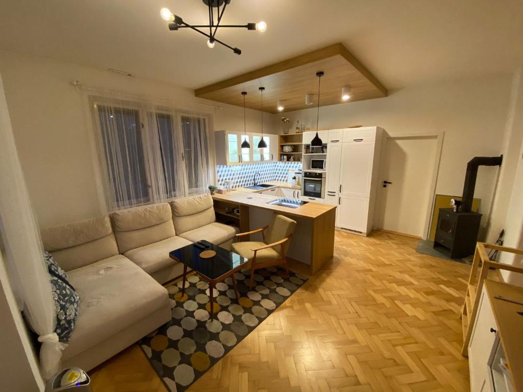 uma sala de estar com um sofá e uma cozinha em Vila Šik 2 em Nové Město na Moravě