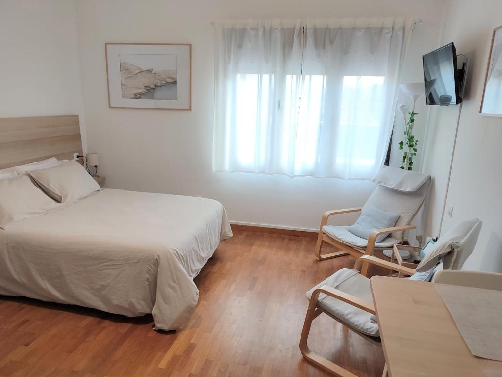 um quarto com uma cama, uma cadeira e uma janela em LOFT MONTECERRAO H GARAJE Y WiFi GRATIS em Oviedo