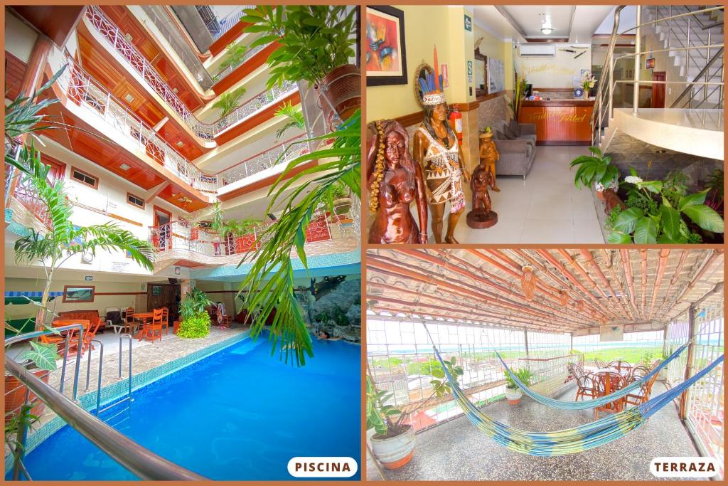 a collage of pictures of a hotel with a swimming pool at Hotel Ventura Isabel in Iquitos