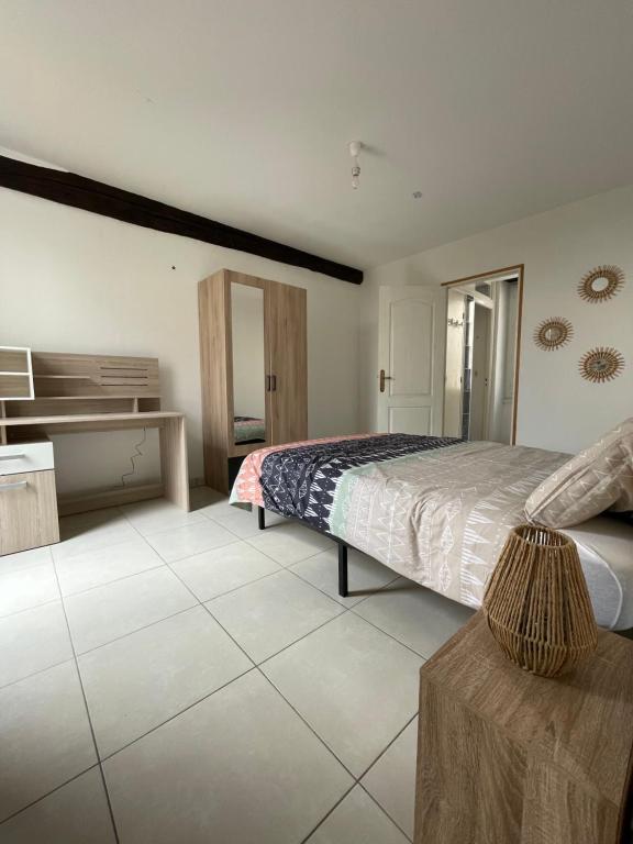 1 dormitorio grande con 1 cama y lavamanos en Le Pyrénéen - Le Bohème - Maison Cosy, en Cazaubon