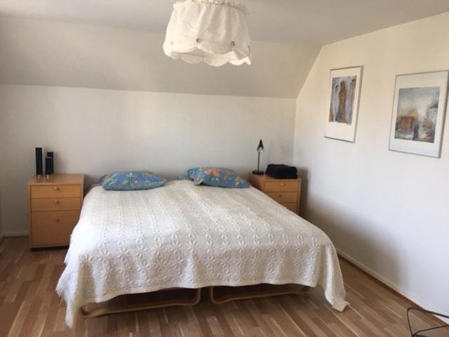 Schlafzimmer mit einem Bett und einem Kronleuchter in der Unterkunft Motel Villa Søndervang twin room in Harndrup