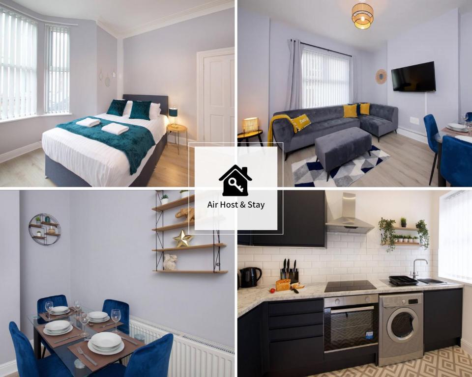 a collage of photos of a bedroom and a living room at Air Host and Stay - Arkles House sleeps 7 in Liverpool