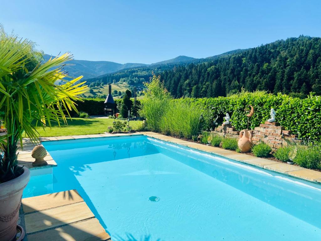 a blue swimming pool with a mountain in the background at Sonnenberg Resort in Elzach