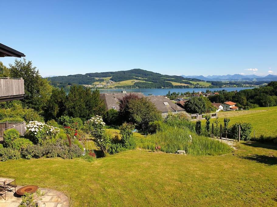 a view of a garden with a lake in the background at Apartment im Salzburger Seenland in Seeham