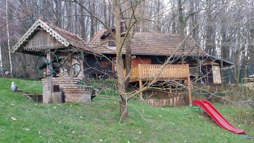 a log cabin with a red slide in front of it at Country house with a pool in Medvednica Nature Park in Zagreb