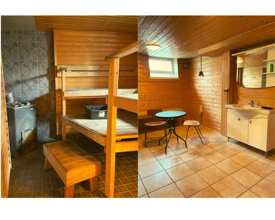 two photos of a room with bunk beds and a table at Easy Huoneistot Vierumäki in Härkälä