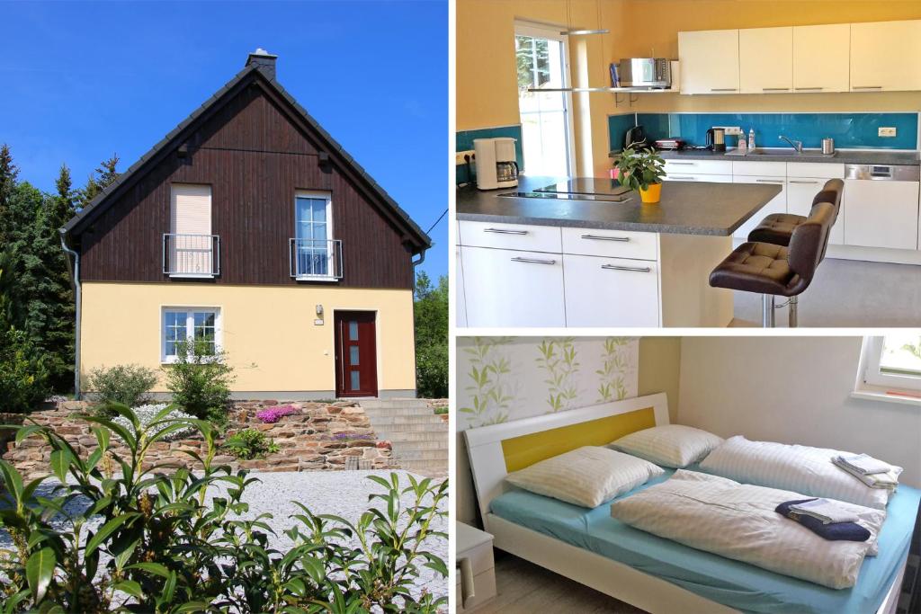 eine Collage mit Bildern einer Küche und eines Hauses in der Unterkunft Countryside-Lovers - Ganzes Haus 100m² für euch allein mit Garten in Halsbrücke