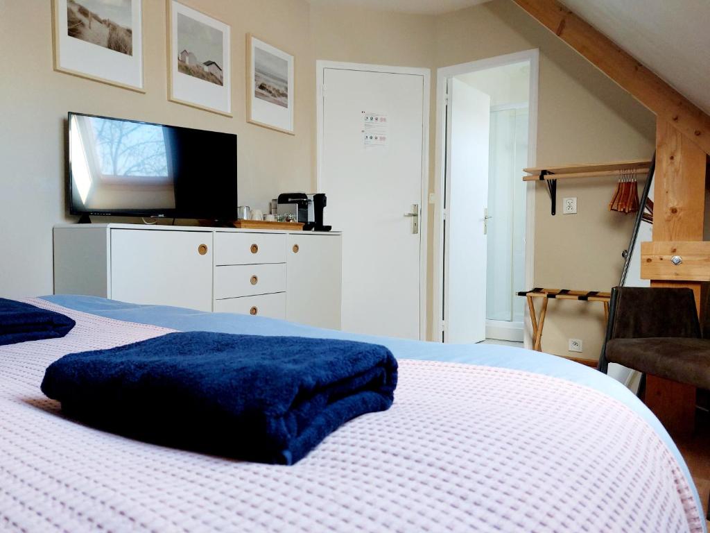 a bedroom with a large bed with a tv on it at Chambres d&#39;hôtes chez l&#39;habitant - Bed&amp; Breakfast homestay in Huisnes-sur-Mer