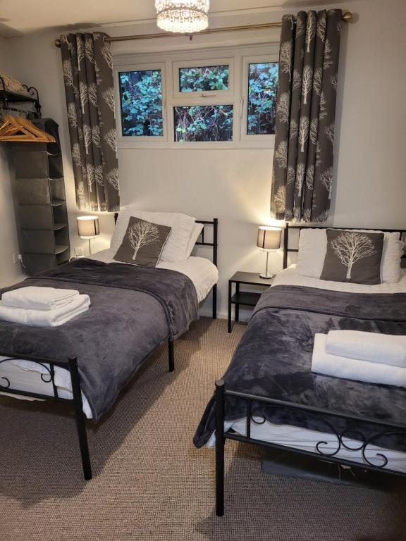 a bedroom with two beds and two windows at The Granary Corris on the edge of the Dyfi Forest in Corris