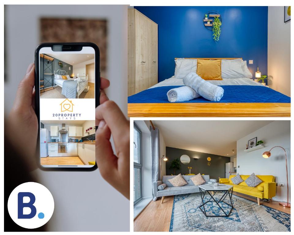 a person taking a picture of a bedroom and a room at Cute 2 bed flat in the heart of Derby By 20Property Stays Short Lets & Serviced Accommodation in Derby