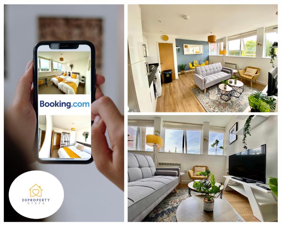 a person taking a picture of a living room at Stylish 2 bed flat in Basingstoke By 20Property Stays Short Lets & Serviced Accommodation in Basingstoke