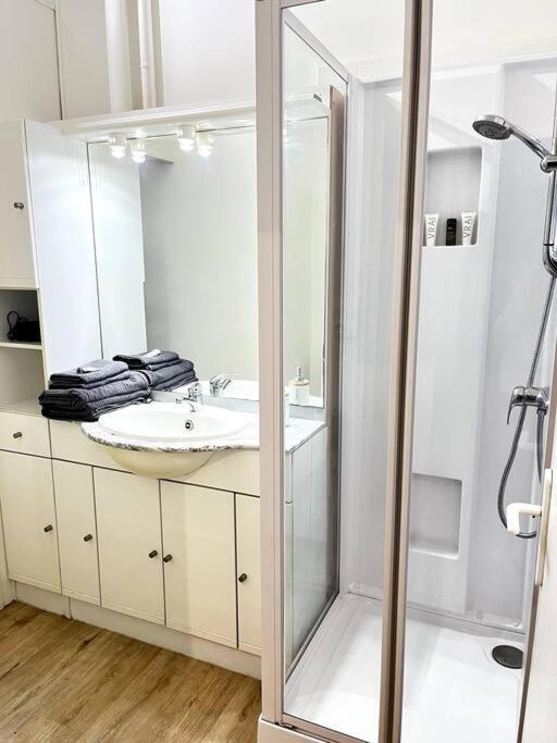 bagno bianco con lavandino e specchio di Félix Vue Erdre & Cité des Congrès / Gare Sud a Nantes