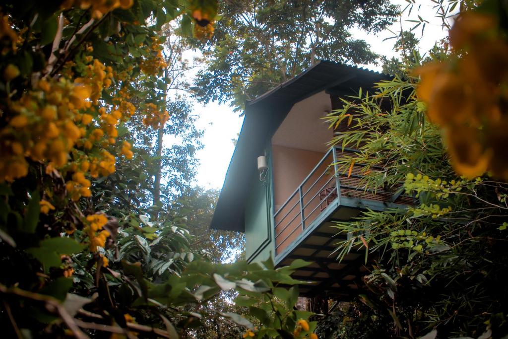 a building with a balcony in the middle of trees at Edens Munnar in Munnar