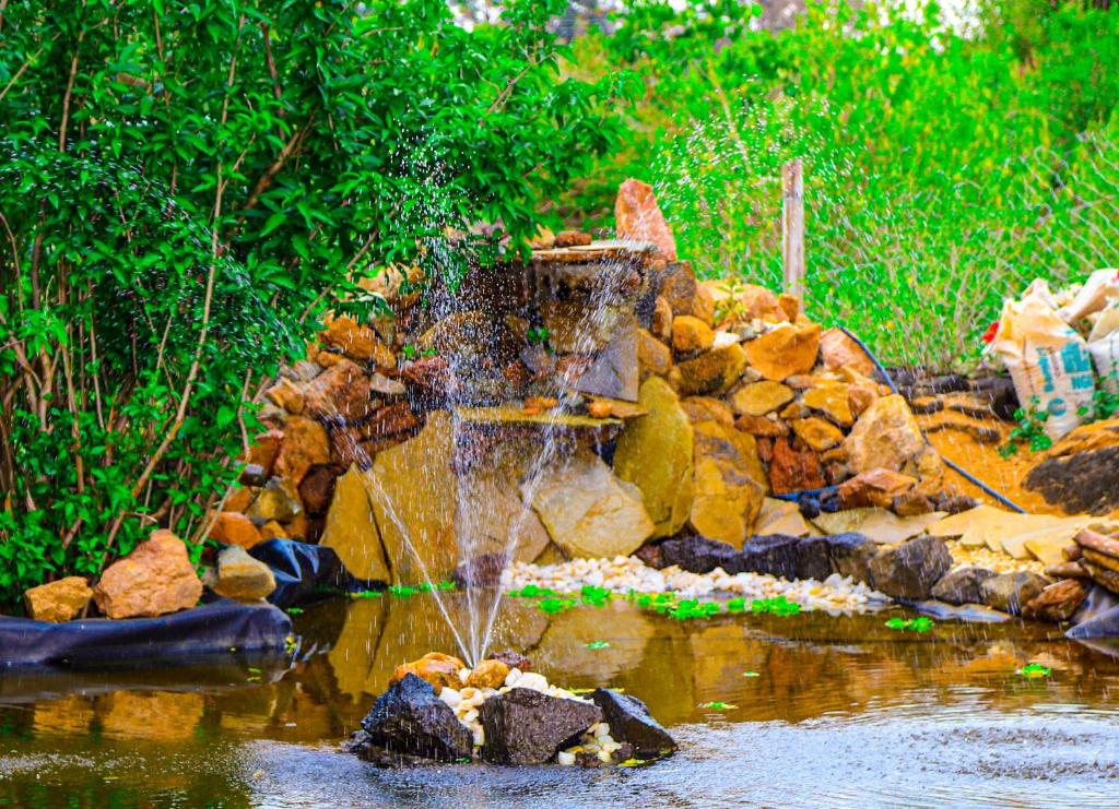 une fontaine au milieu d'un étang dans l'établissement Kambua Resort, à Libwezi