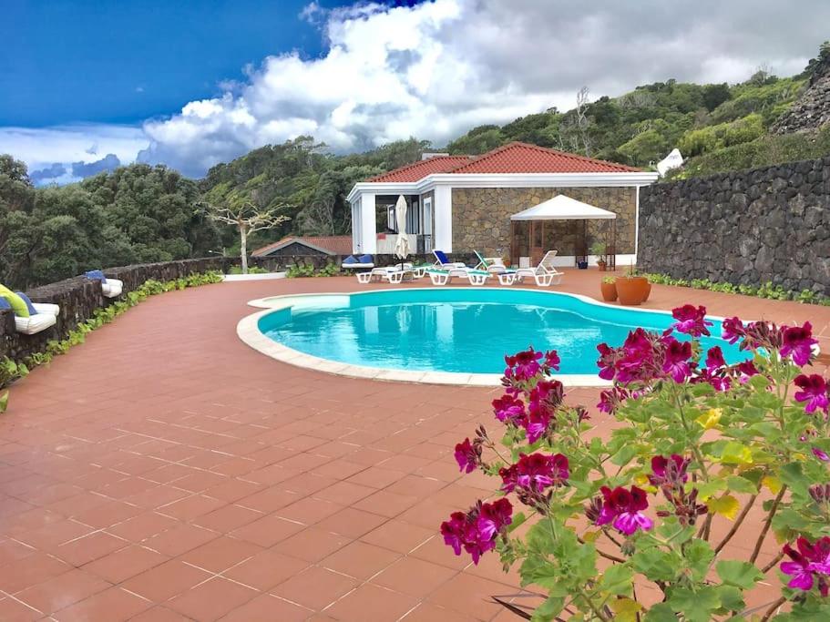 uma piscina com flores em frente a uma casa em Casa do Ananas, cliff-top/ocean-front villa, Pico em Lajes do Pico