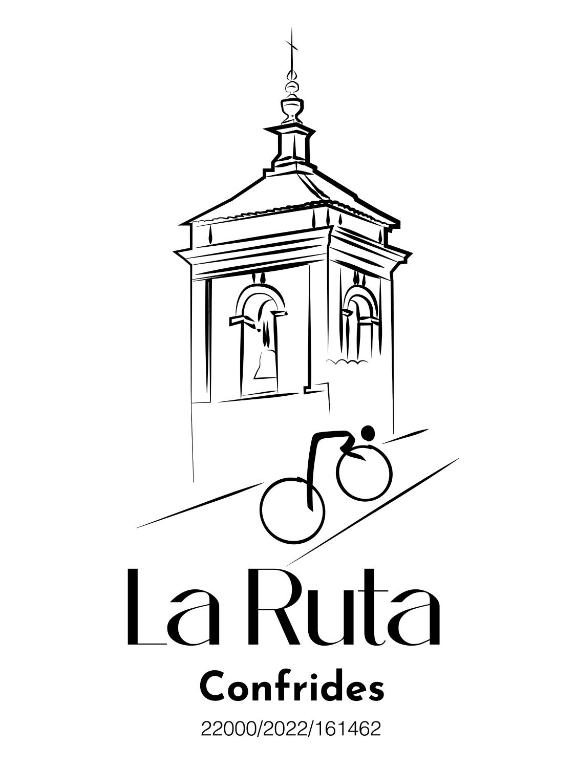 logotipo en blanco y negro para un edificio y una iglesia en La Ruta - La Cueva, en Confrides