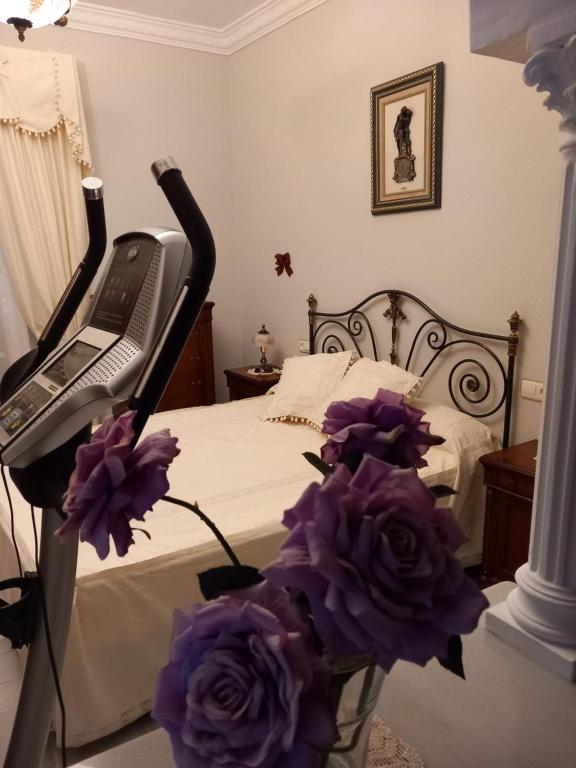 Al ladito de Sevilla في بورموخوس: غرفة نوم مع سرير مع الزهور الأرجوانية وهاتف