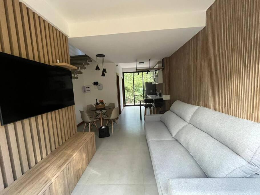 un soggiorno con divano e TV a schermo piatto di Green house a Florianópolis