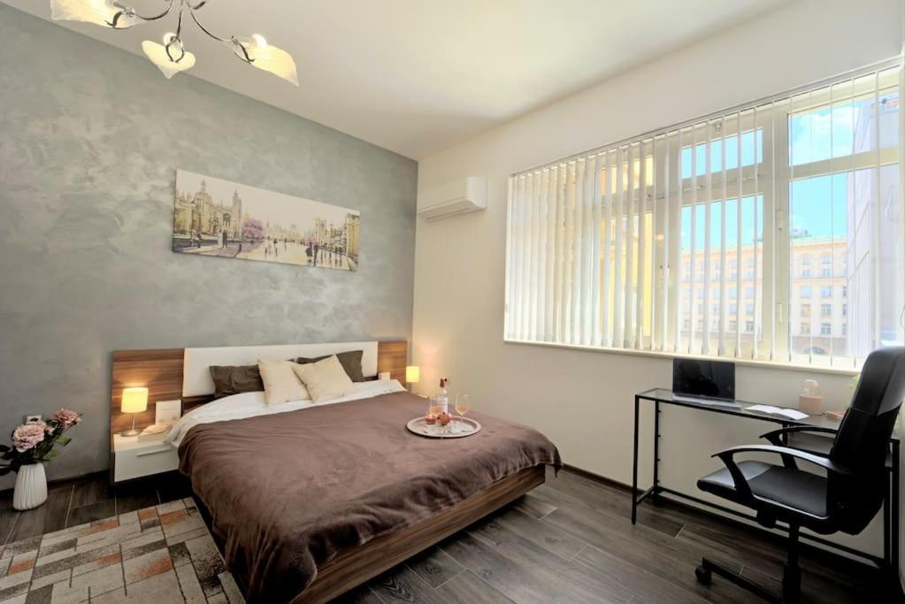 una camera con letto, scrivania e sedia di Cozy 2-Bedroom Flat in the very Center of Sofia a Sofia